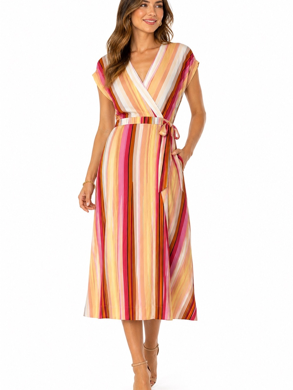 Liverpool Los Angeles NWT Striped Faux Wrap Midi Dress Small Colorful Tie Waist - Picture 2 of 5